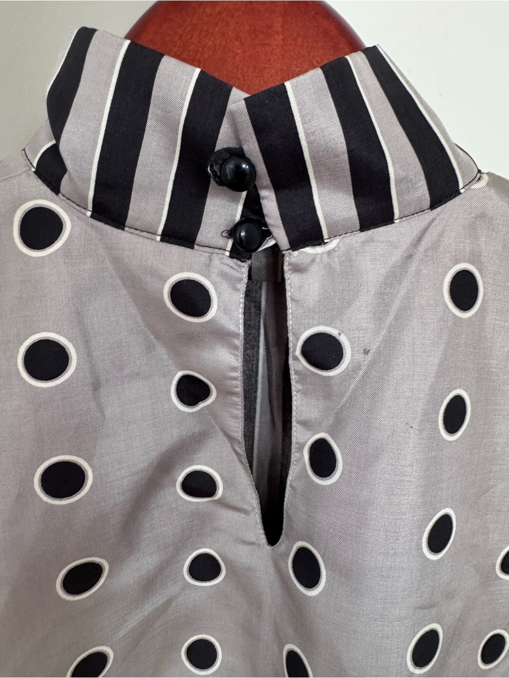 French Vintage Black, Gray, and White Striped & Polka Dot Blouse - Picture 5 of 10